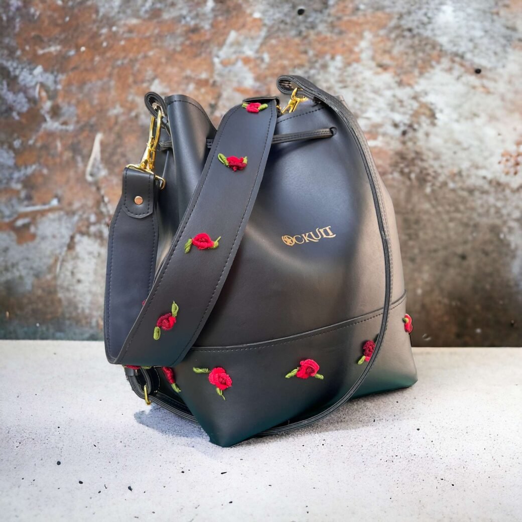 Black Floral Embroidered Bucket Bag - Image 2